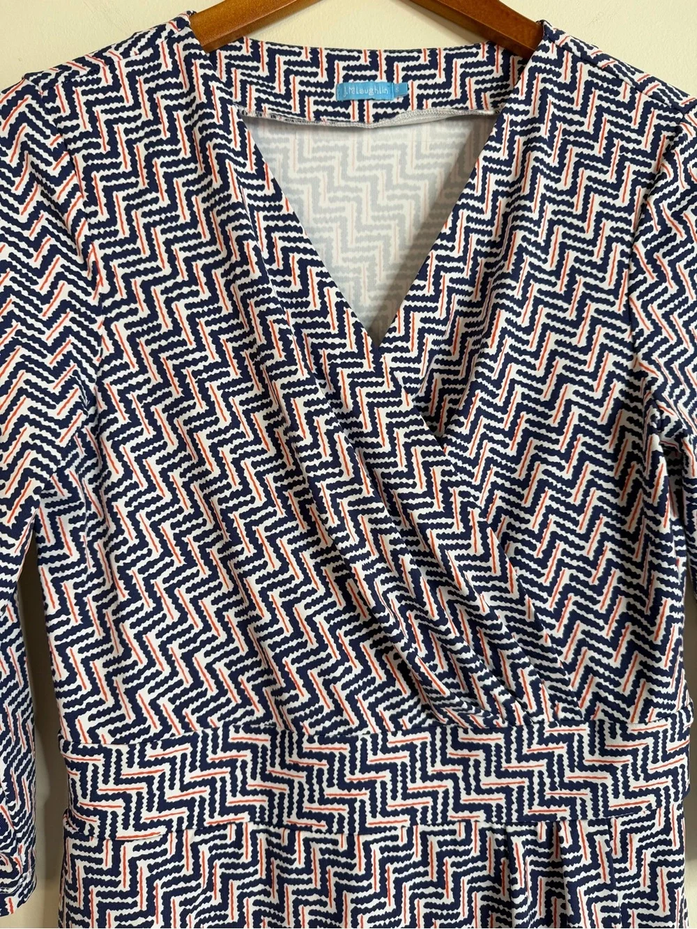 J McLaughlin Sz S Catalina Cloth Faux Wrap Dress 3/4 Sleeve Blue Red Stretch